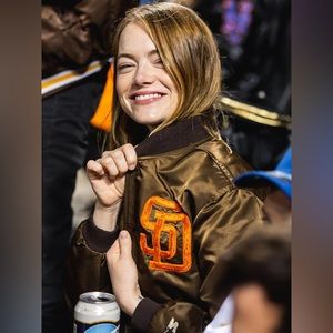 San Diego Padres brown satin baseball jacket, just like Emma Stone wore!